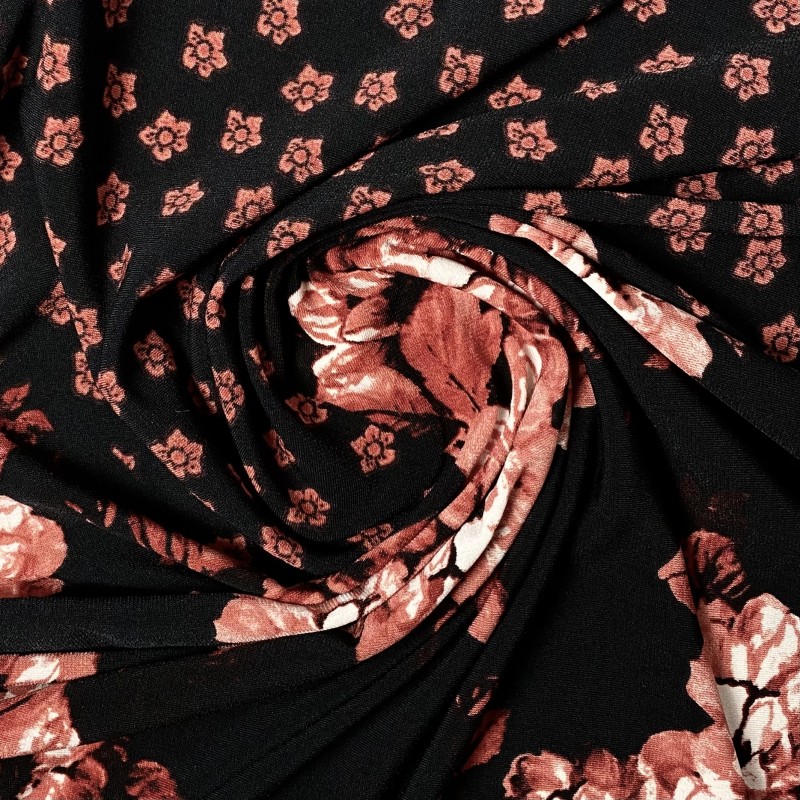 dzianina jersey syntetyczny czarny w kwiaty PL1395
